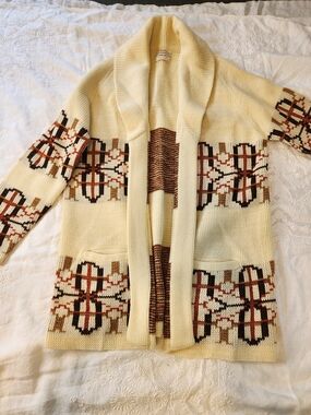 70s Vintage Cream Shawl Collar Cardigan with Brown & Rust Geometric Motif